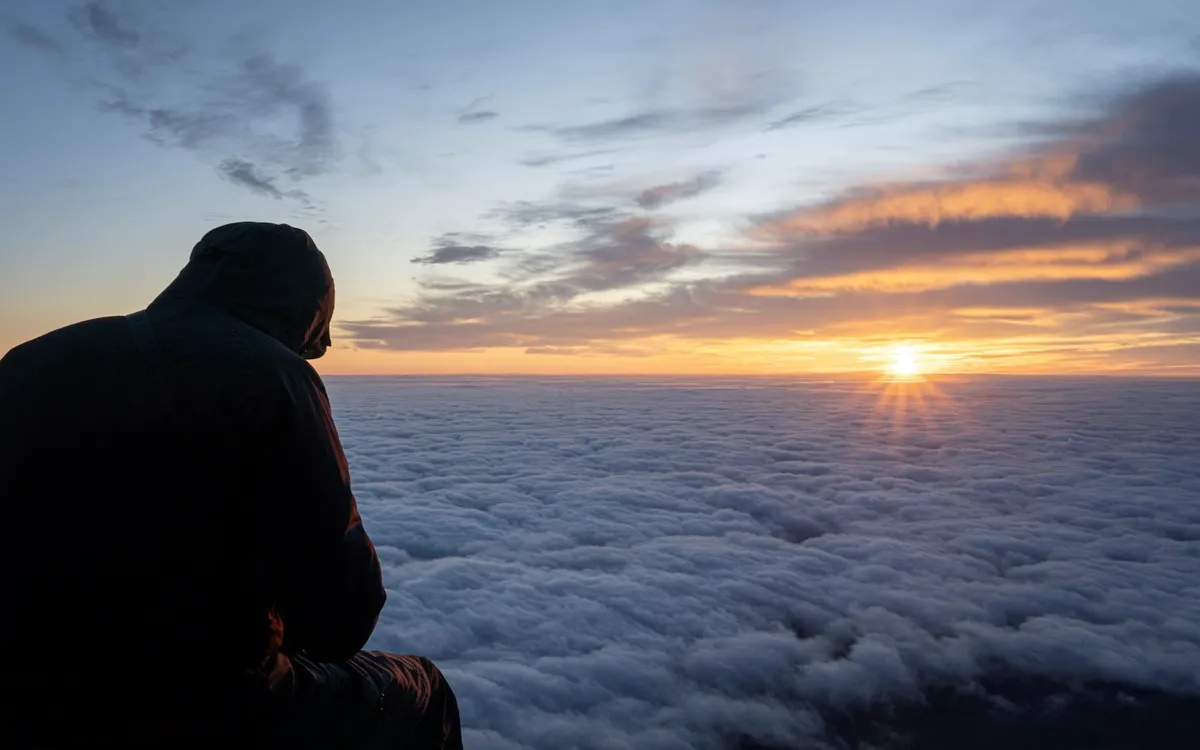 A man sitting on a mountain above the clouds at sunset