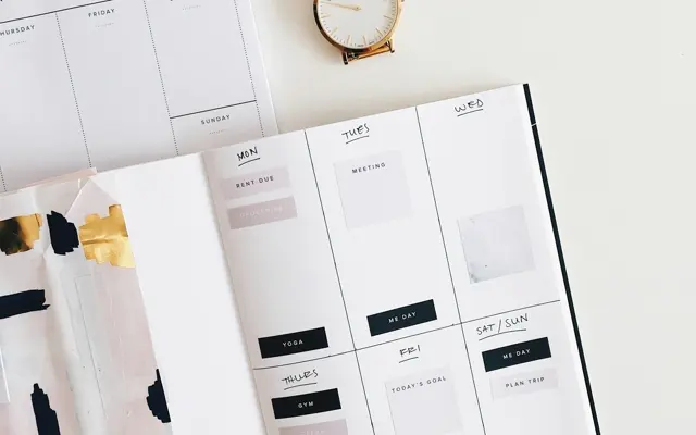 A weekly planner with a gold wristwatch resting on top