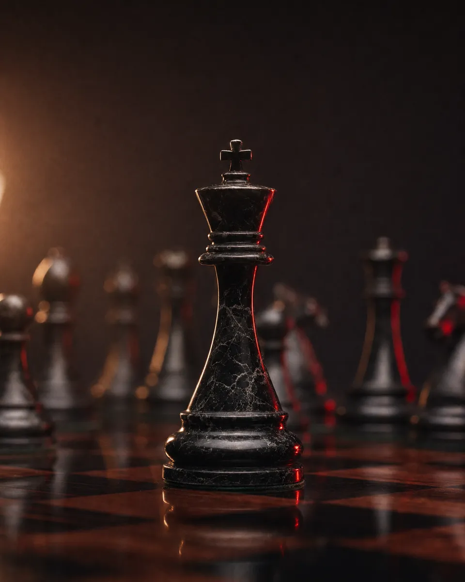 A single chess king standing alone on a dark board