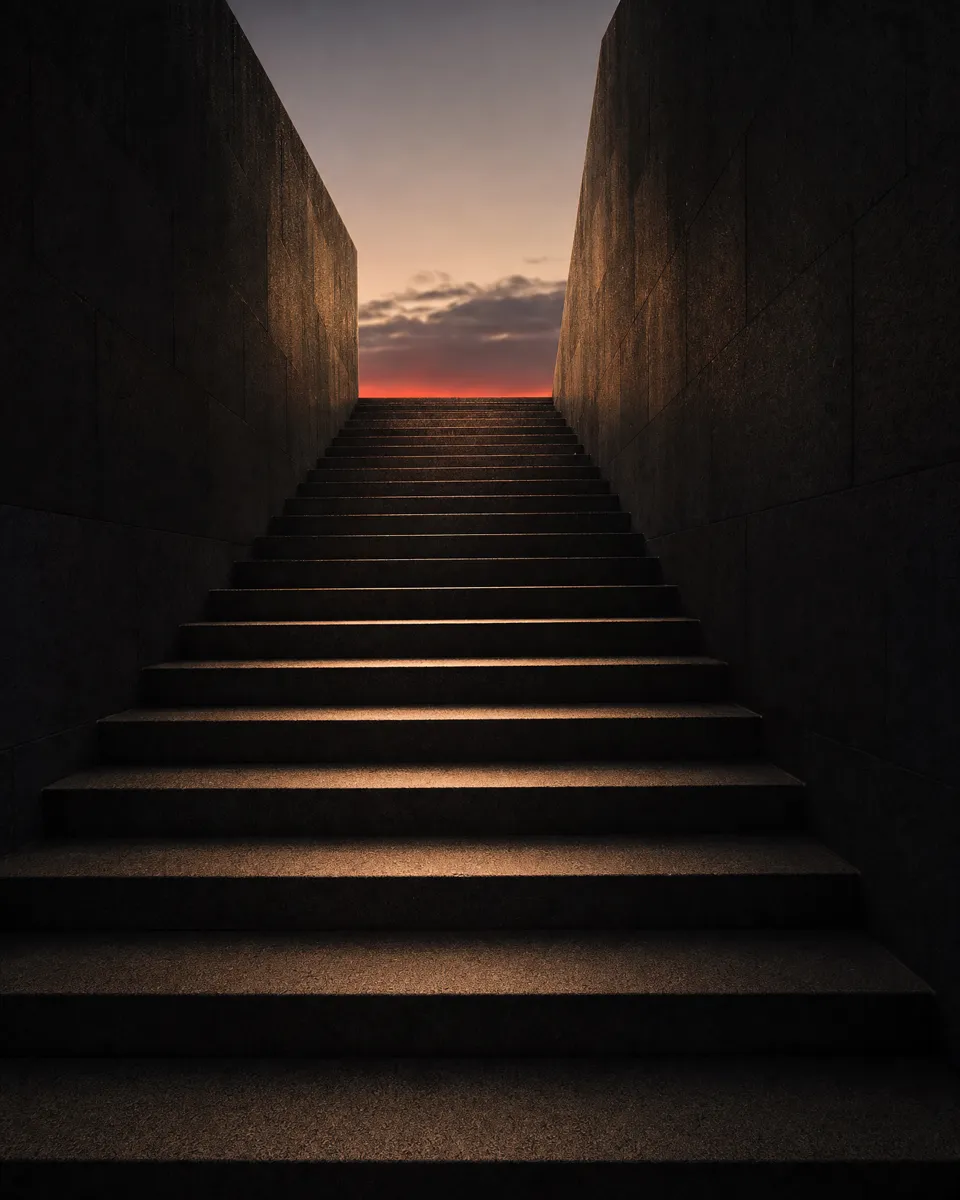 Dark stone steps rising toward a sliver of dawn light