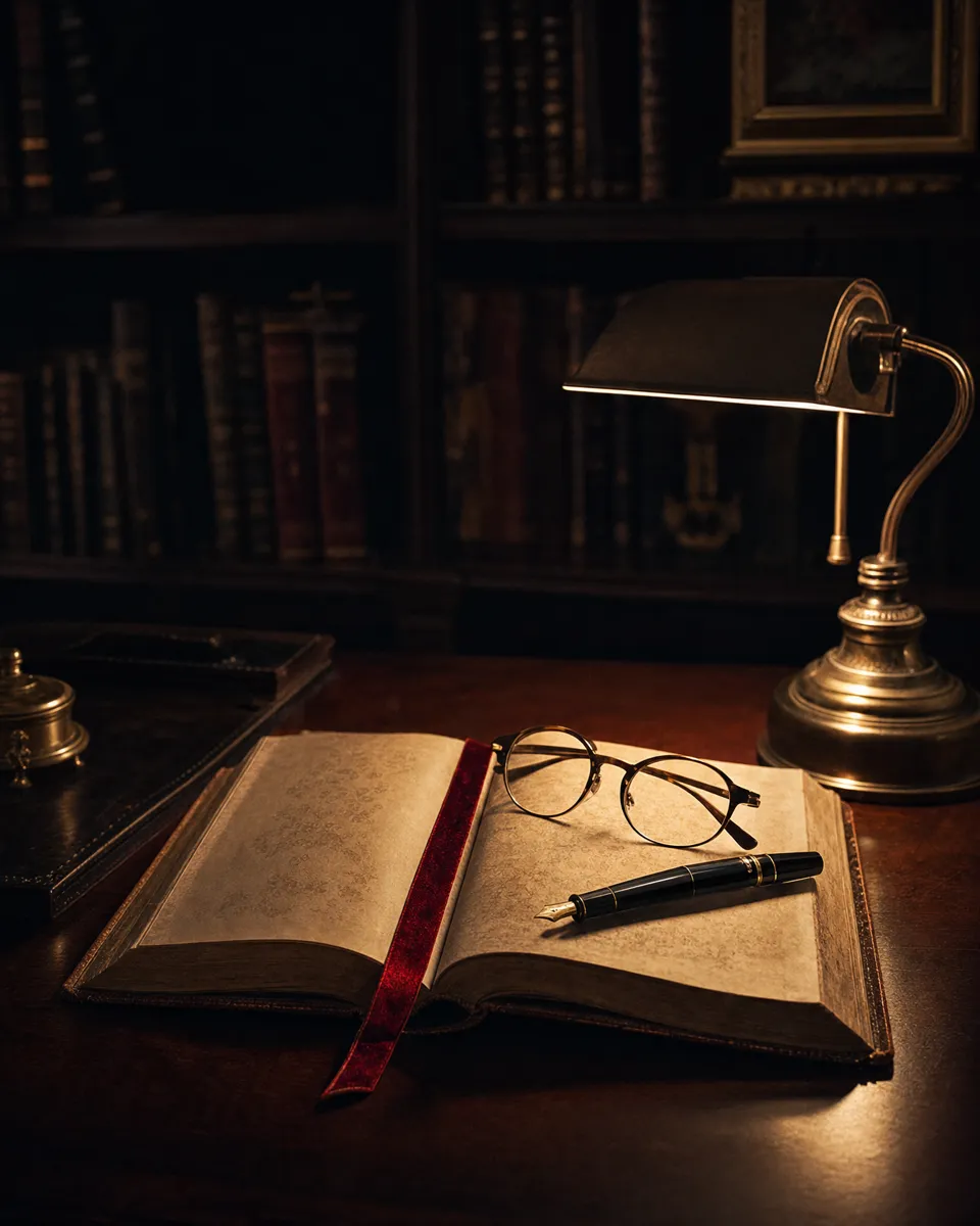 An open book and reading glasses under a brass lamp
