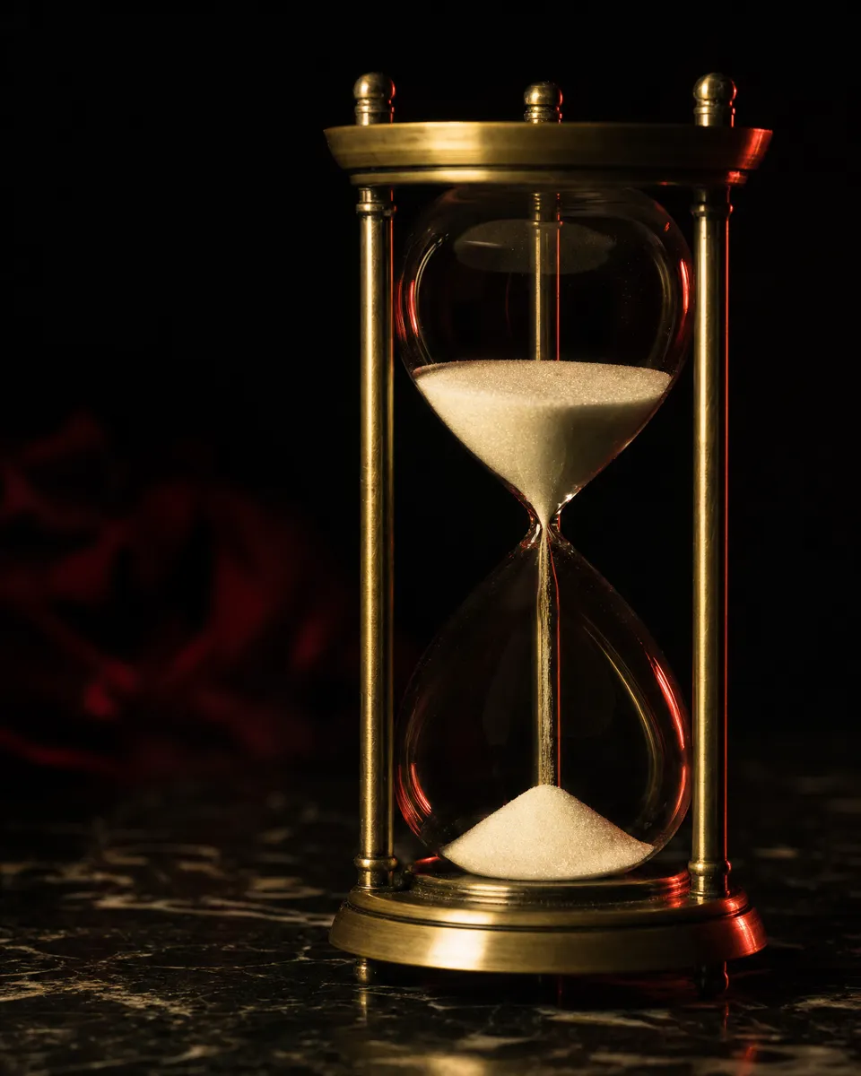 A brass hourglass with sand falling