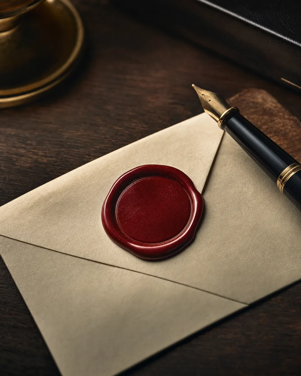 A red wax seal on a cream envelope beside a fountain pen